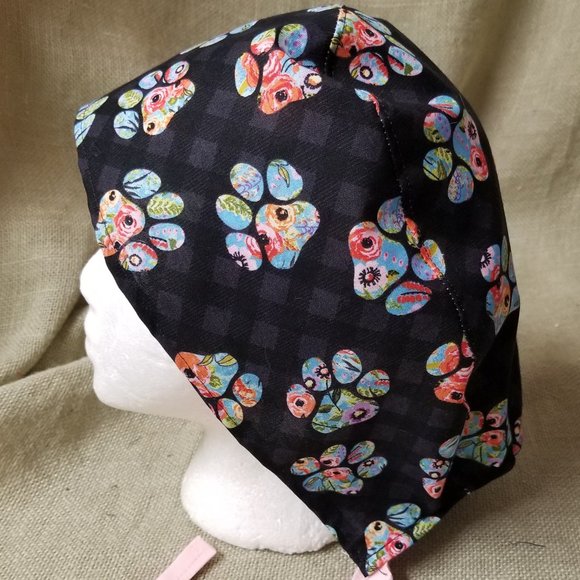 Paws with Floral Background Surgical Scrub Cap - Picture 2 of 5